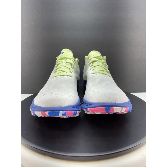 Hoka One One White Athletic Shoe with Blue and Neon Yellow Accents main image 7